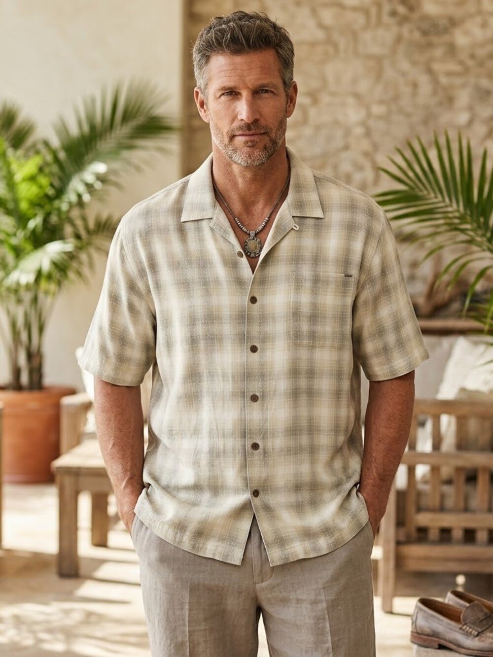 Tommy Bahama Men’s XXL 100% Silk Plaid Camp Shirt Beige Casual Resortwear